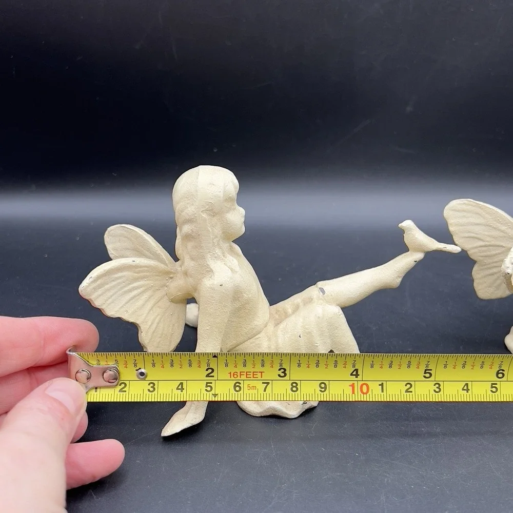 Vintage CAST IRON FAIRY WITH BIRD ON HAND & Playful Garden Fairy Cream Rustic